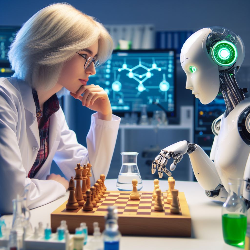 A white female chemist in a checked shirt and lab coat playing chess against a humanoid robot in a lab